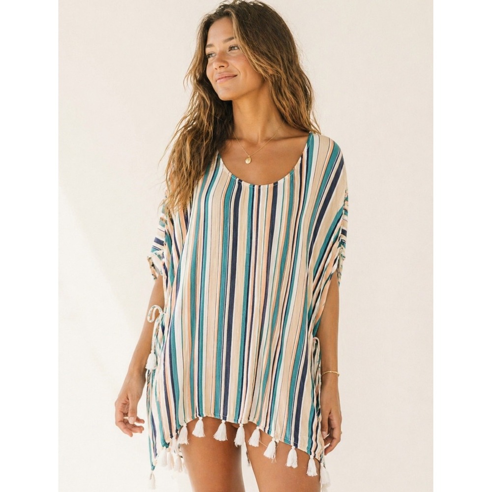 Roxy Make Your Soul Poncho Women M/L Multi Color NEW Striped Tassel Cover Up‎